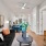 a living room with a black couch