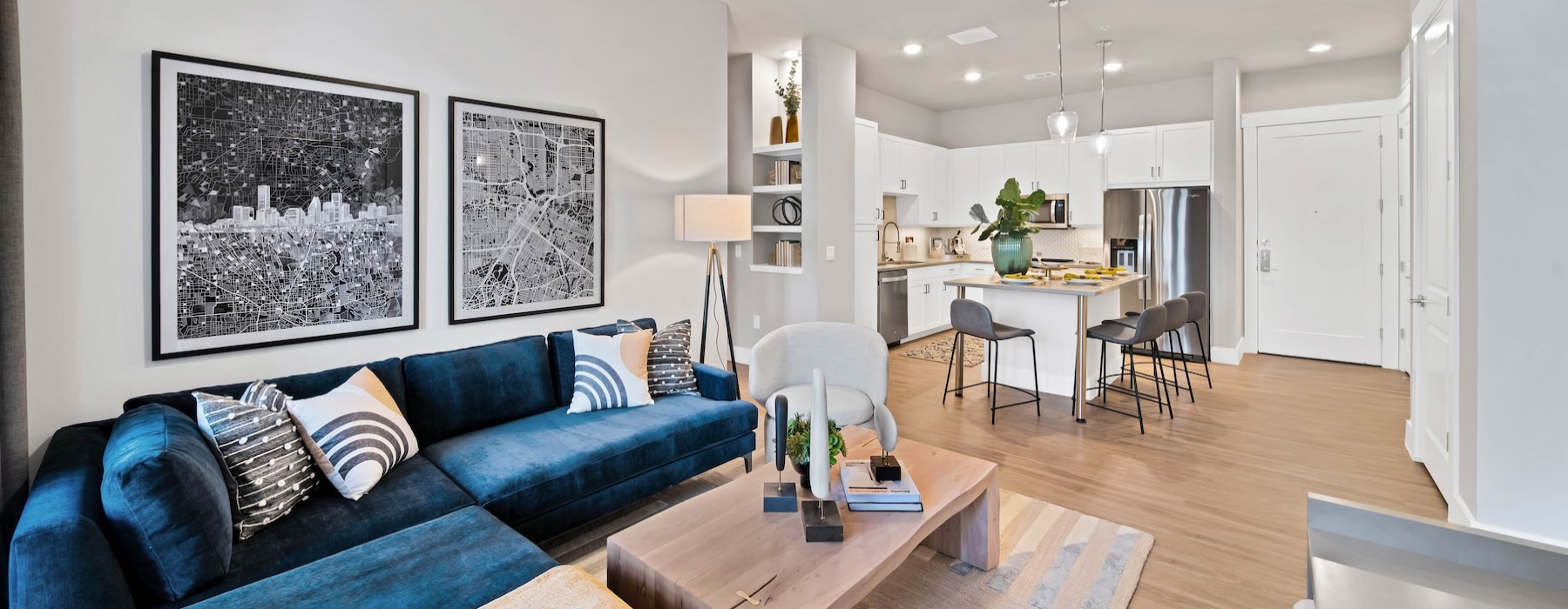 a living room with a blue couch